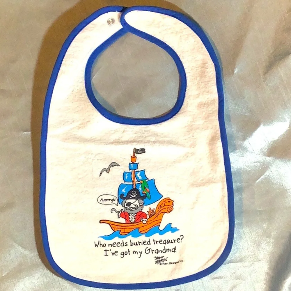 “Who needs buried treasure? I’ve got my Grandma”  100% cotton bib blue trim, NWT